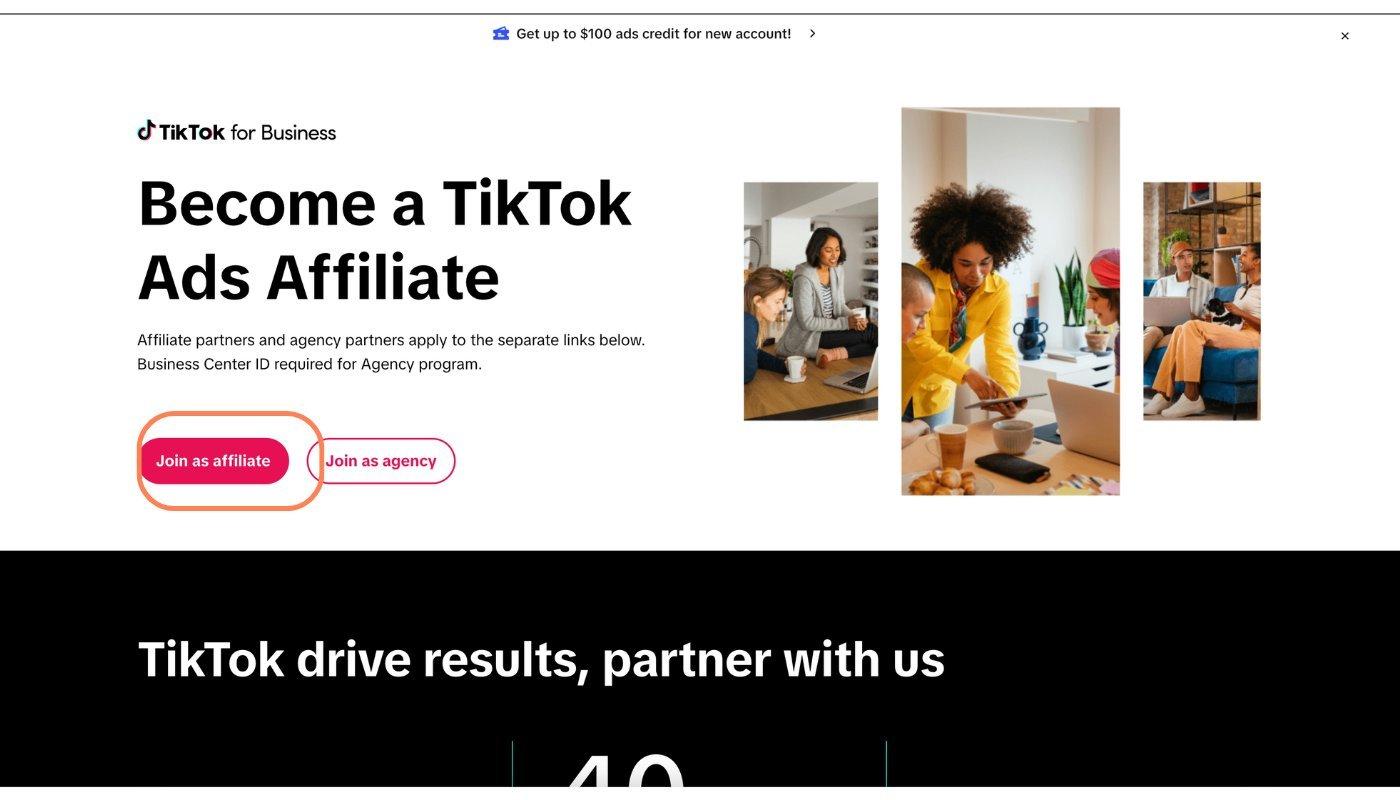 tiktok for business ads affiliate page screenshot